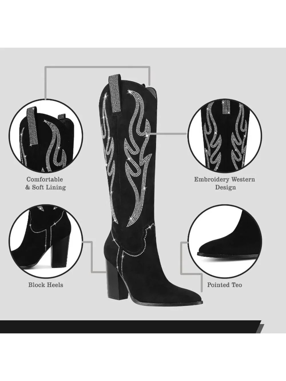 Women's Black Embroidered Rhinestone Wide Calf Side Zipper Western Cowgirl Boots